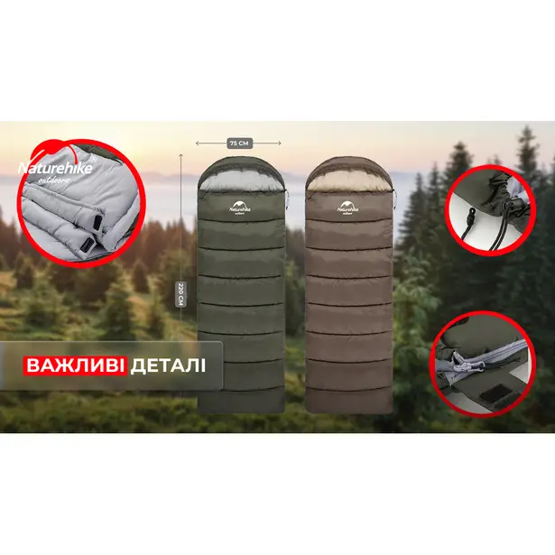 12 - Спальник з капюшоном правий (1°C) Naturehike U350 NH20MSD07. Зелений