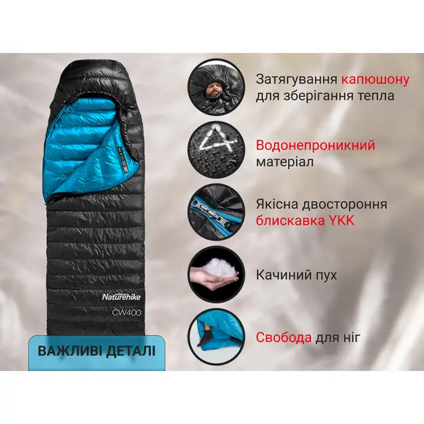 12 - Спальник з натуральним пухом Naturehike CW400 NH18C400-D, p-р L, чорно-блакитний