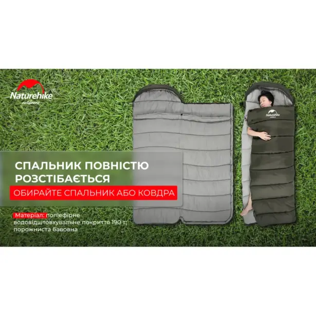9 - Спальник з капюшоном лівий (1°C) Naturehike U350 NH20MSD07. Зелений