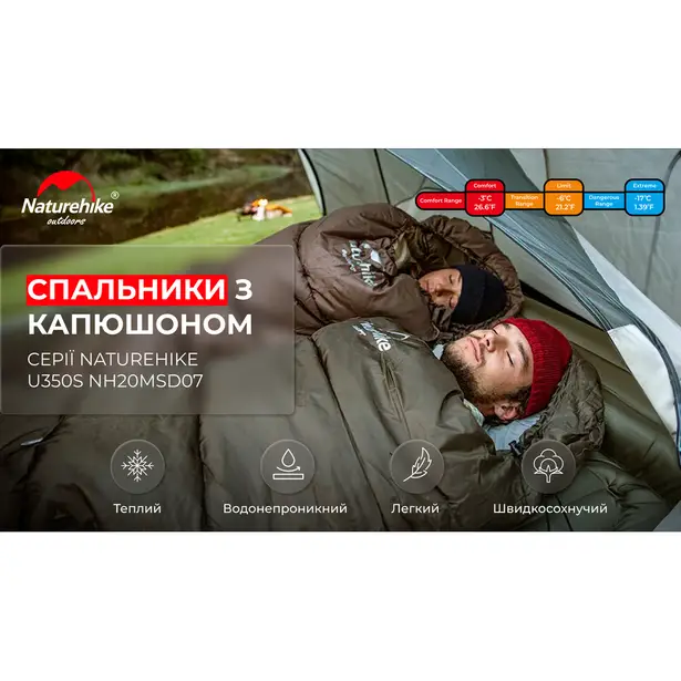 7 - Спальник з капюшоном правий (-3°C) Naturehike U350S NH20MSD07. Олива