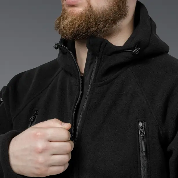 7 - Флісова тактична кофта з капюшоном. Чорна. Polyester. Розмір S